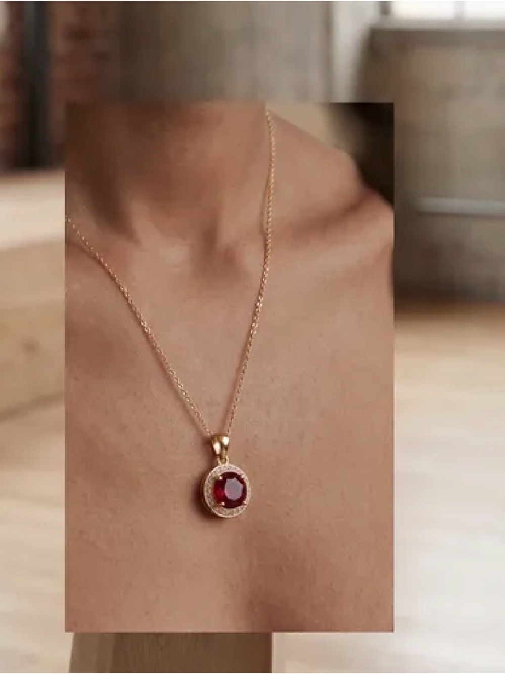 Gold-Plated Necklace with Red Crystal Pendant - Women Jewelry